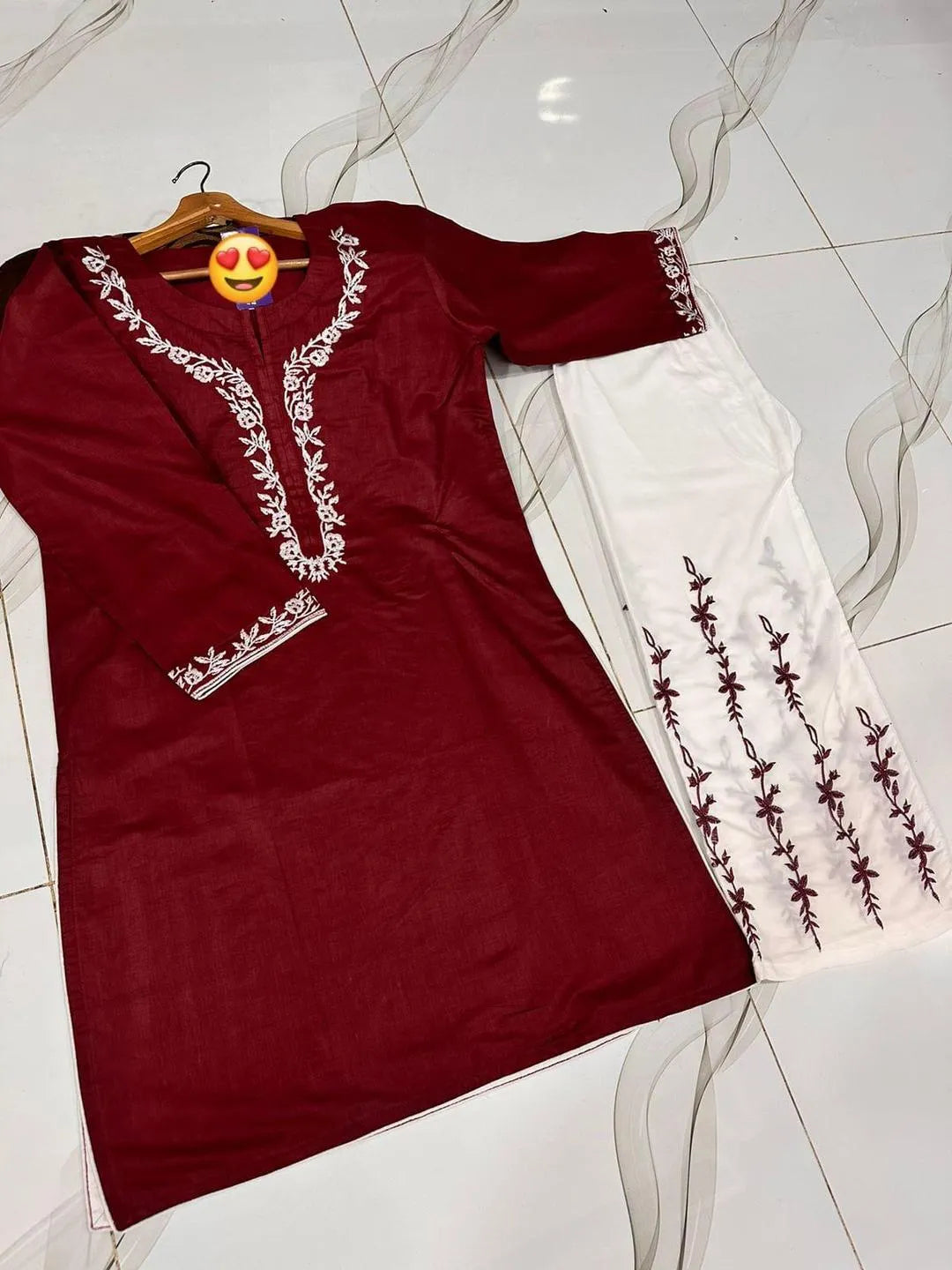 2 Pcs Women's Stitched Cotton Embroidered Shirt And Trouser