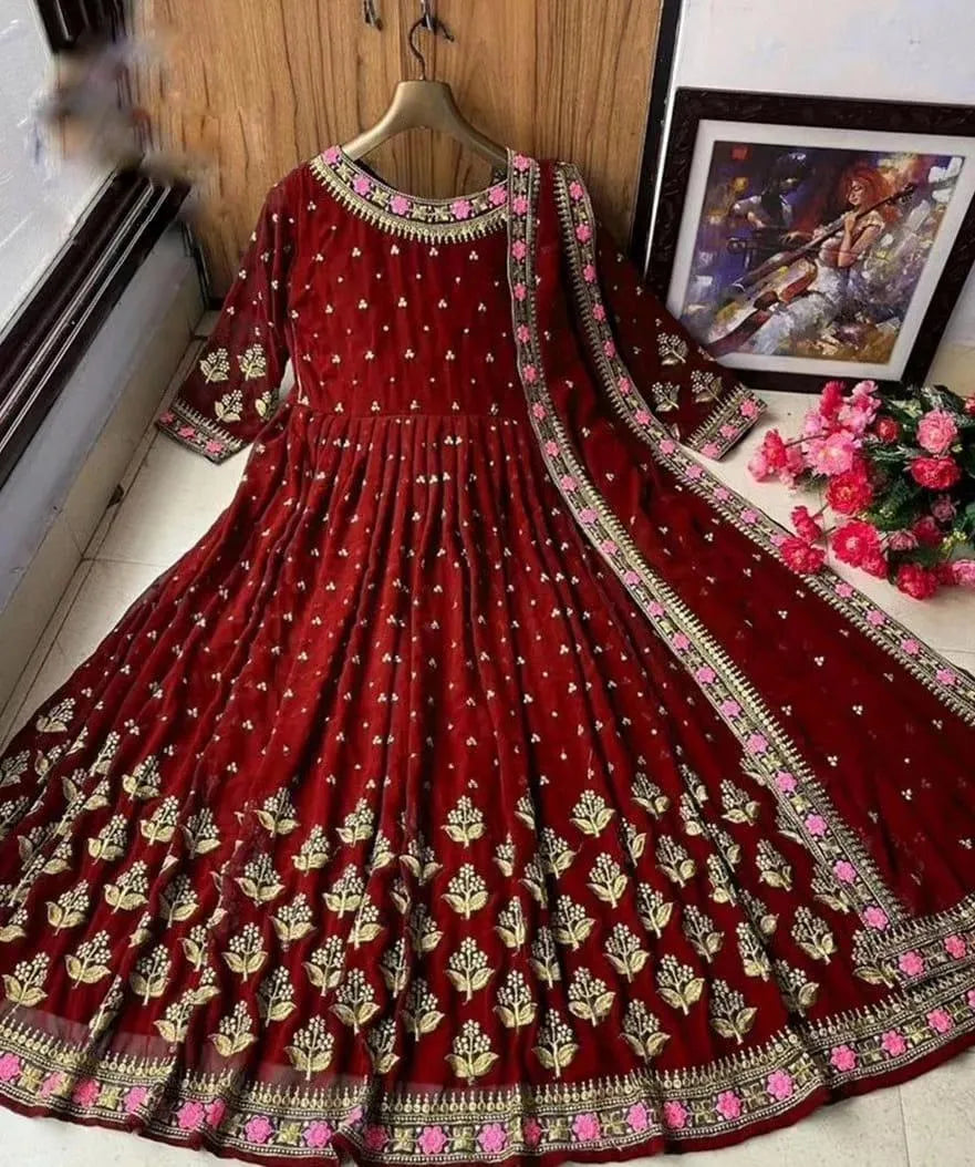 Red Embroidered Maxi Dress With Dupatta 3Pcs