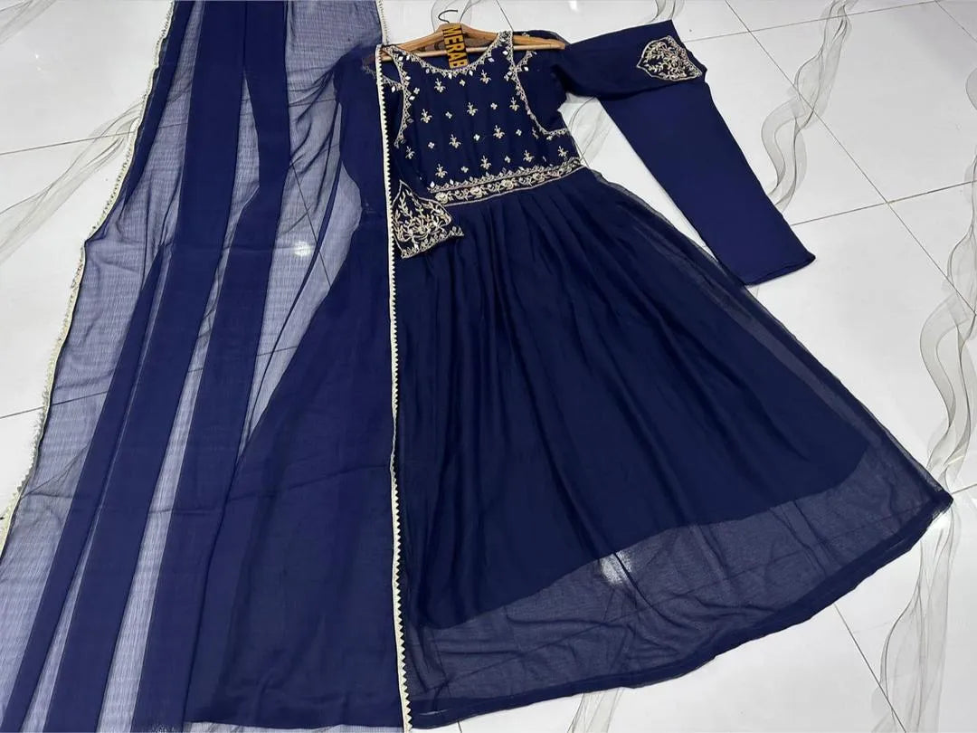 3 Pcs Women's Stitched Chiffon Embroidered Maxi Suit