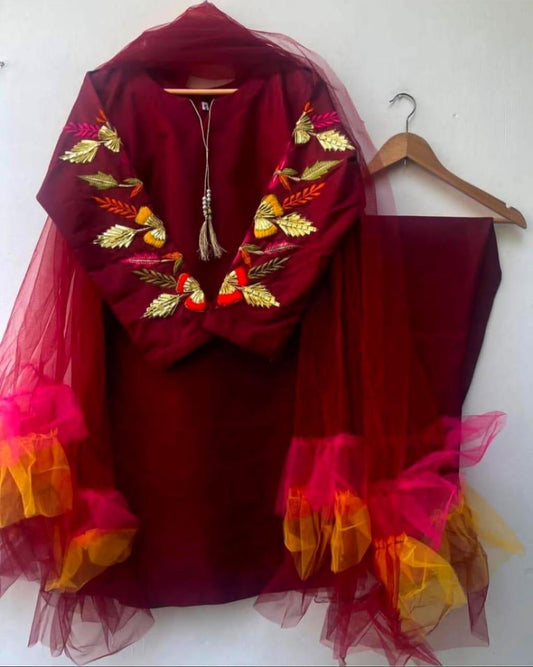 Maroon Kataan Silk 3-Piece Women Suit with Golden Embroidery