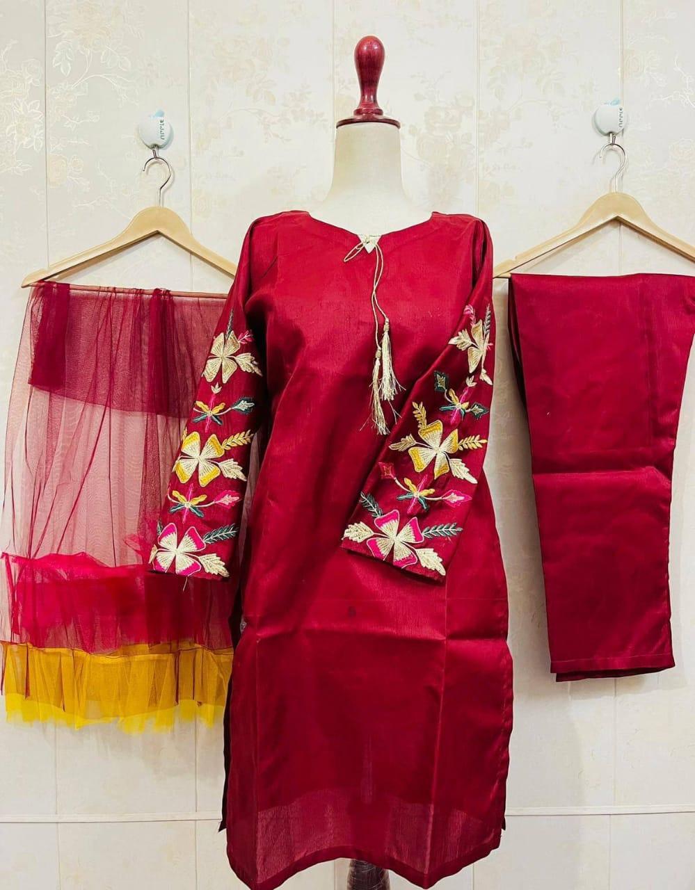 Maroon Kataan Silk 3-Piece Women Suit with Golden Embroidery