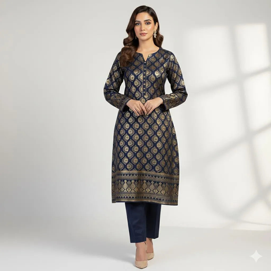 Blue Block Print Katan Silk 2-Piece Suit for Women