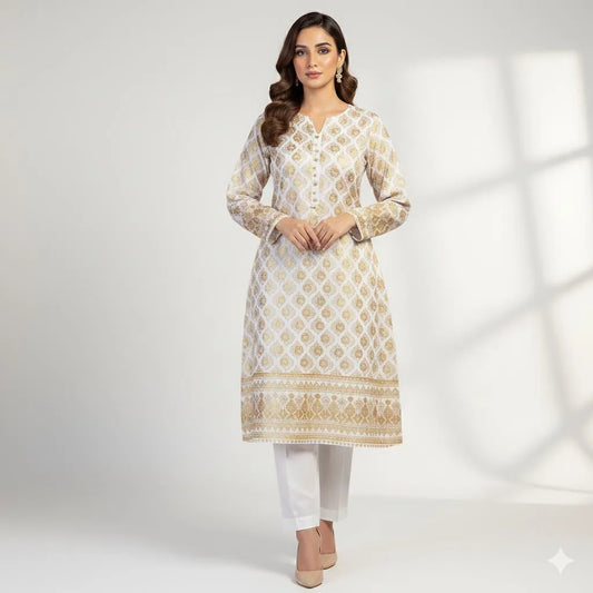 White Block Print Katan Silk 2-Piece Suit for Women