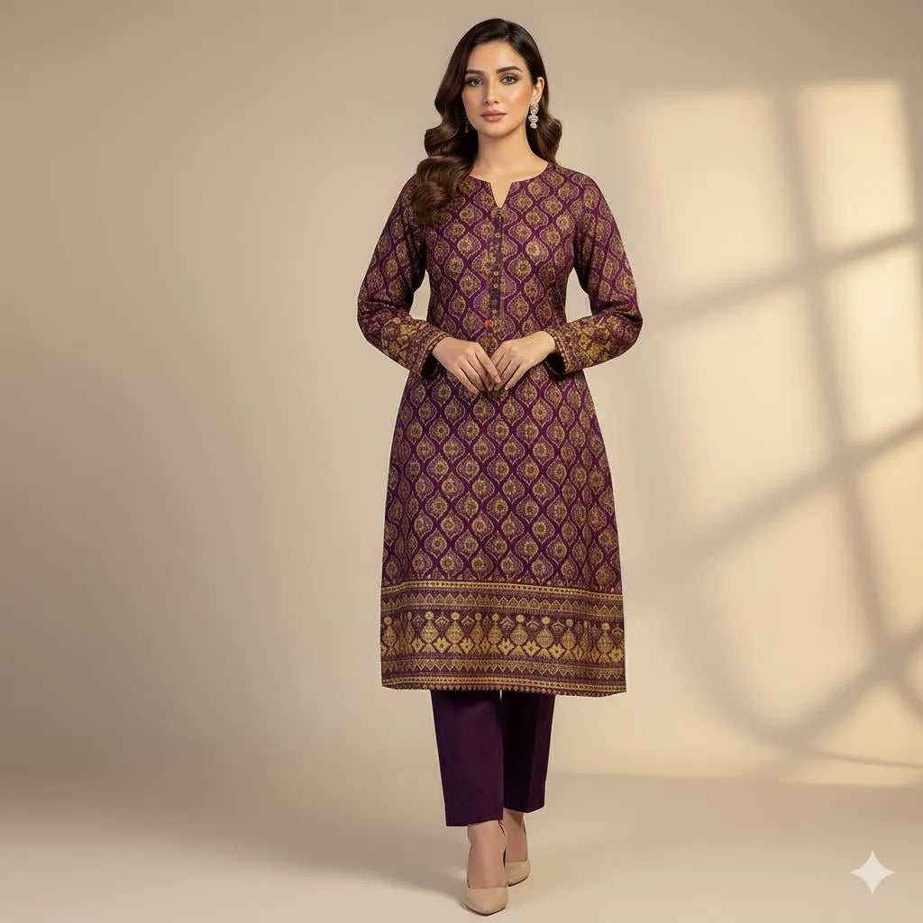 Purple Block Print Katan Silk 2-Piece Suit for Women