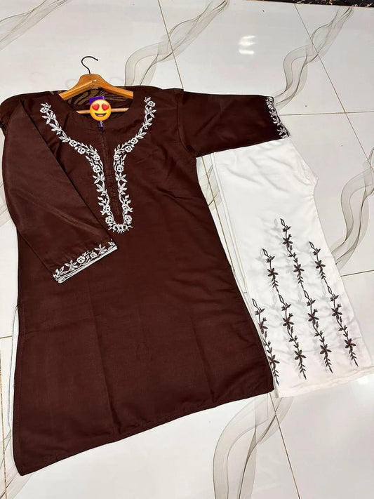 2 Pcs Women's Stitched Cotton Embroidered Shirt And Trouser