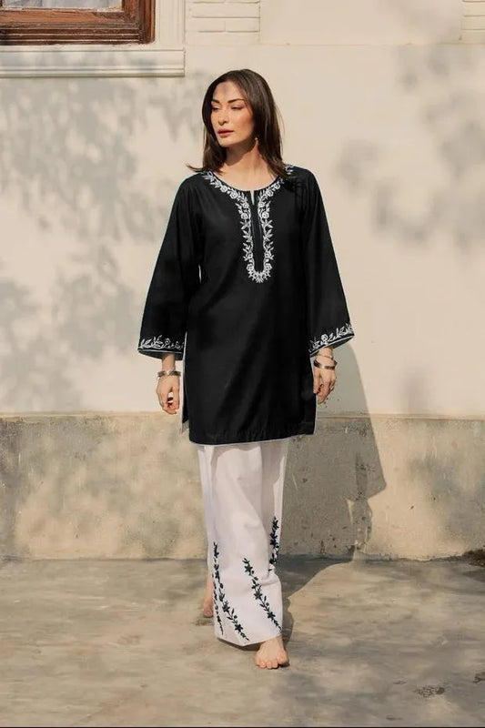 2 Pcs Women's Stitched Cotton Embroidered Shirt And Trouser