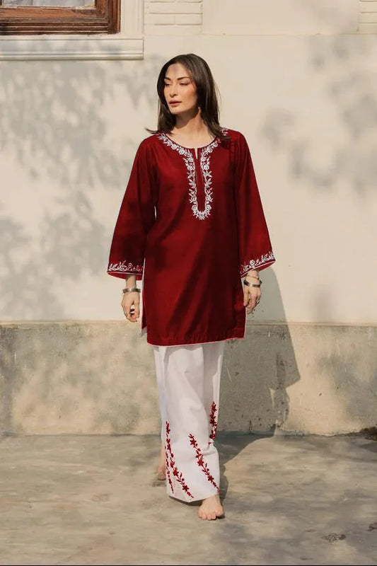2 Pcs Women's Stitched Cotton Embroidered Shirt And Trouser
