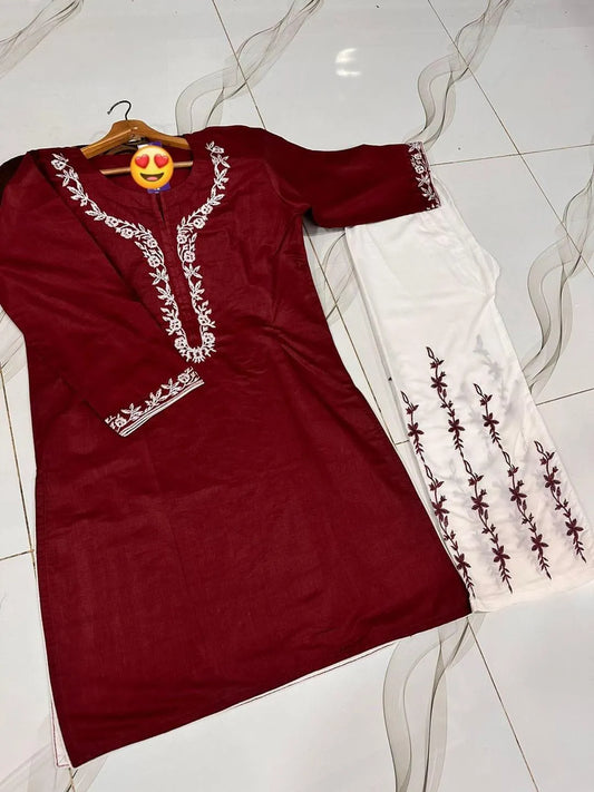 2 Pcs Women's Stitched Cotton Embroidered Shirt And Trouser