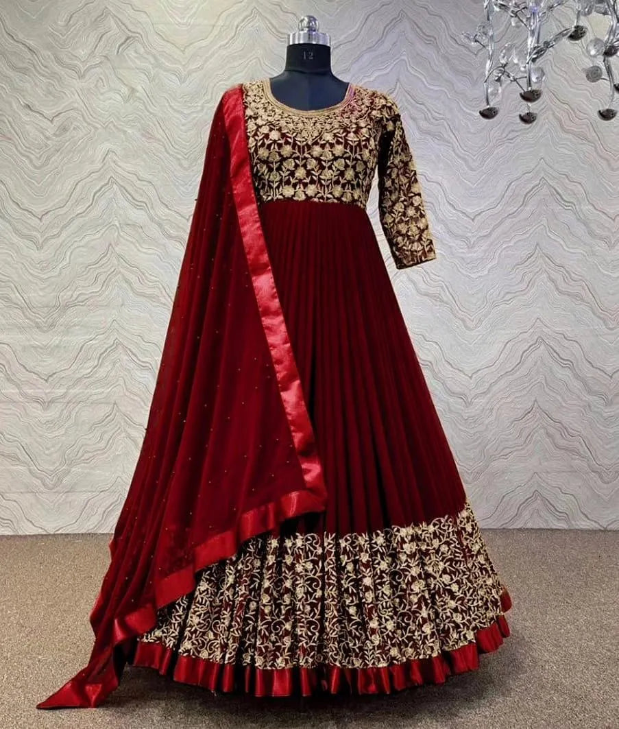 Maroon Embroidered Maxi Set with Pearls Dupatta