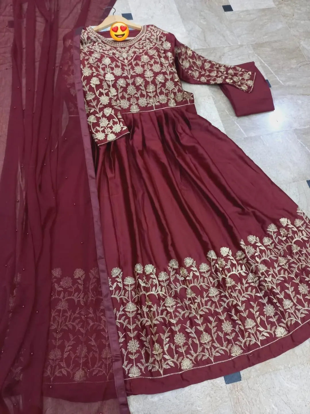 Maroon Embroidered Maxi Set with Pearls Dupatta