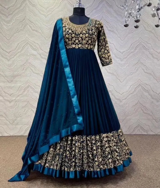 Blue Embroidered 3Pcs Maxi Set with Pearl Dupatta