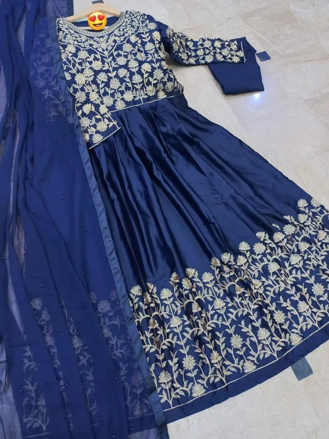 Blue Embroidered 3Pcs Maxi Set with Pearl Dupatta