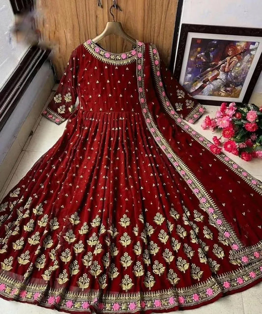 Red Embroidered Maxi Dress With Dupatta 3Pcs