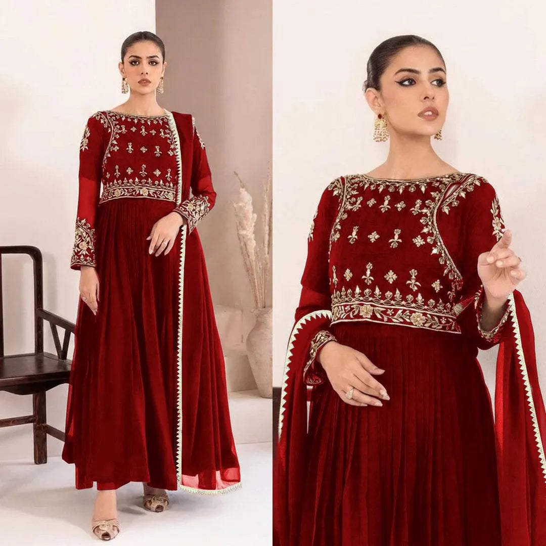 3 Pcs Women's Stitched Chiffon Embroidered Maxi Suit