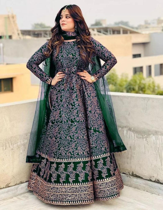 Green Printed Katan Silk Maxi Suit Set for Women